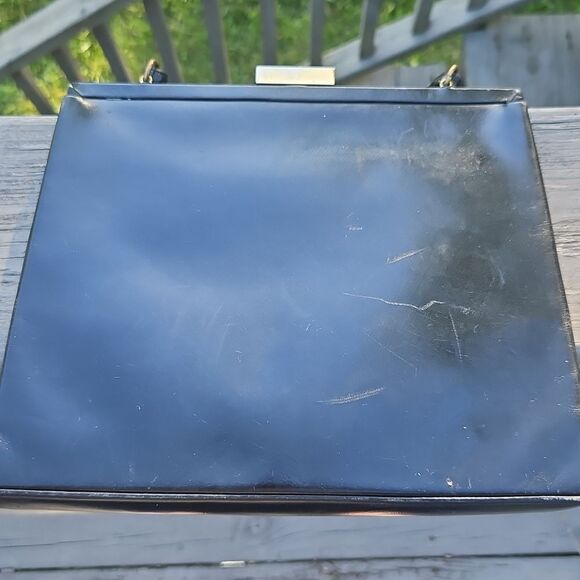 Vintage Black Structured Top Handle Handbag with Satin Interior - Picture 4 of 8